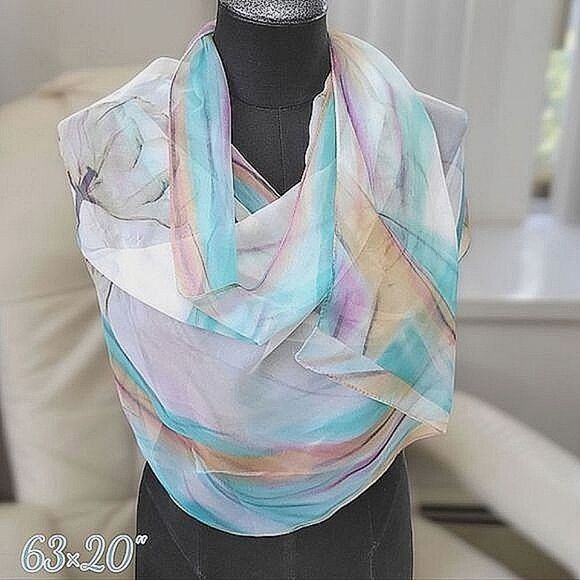 Vtg multicolour pastel watercolour oversized chiffon scarf - Picture 1 of 10